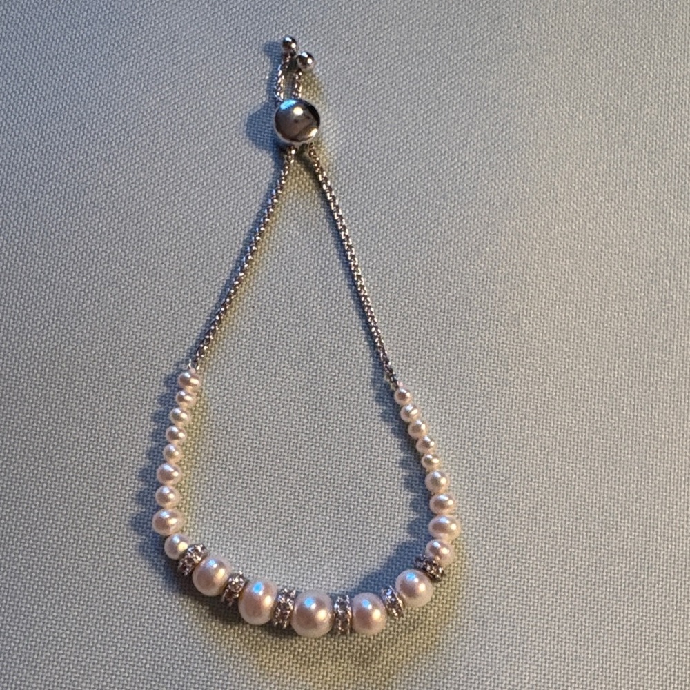 Lab grown diamond and cultured white Pearl sterling silver Bolo Bracelet